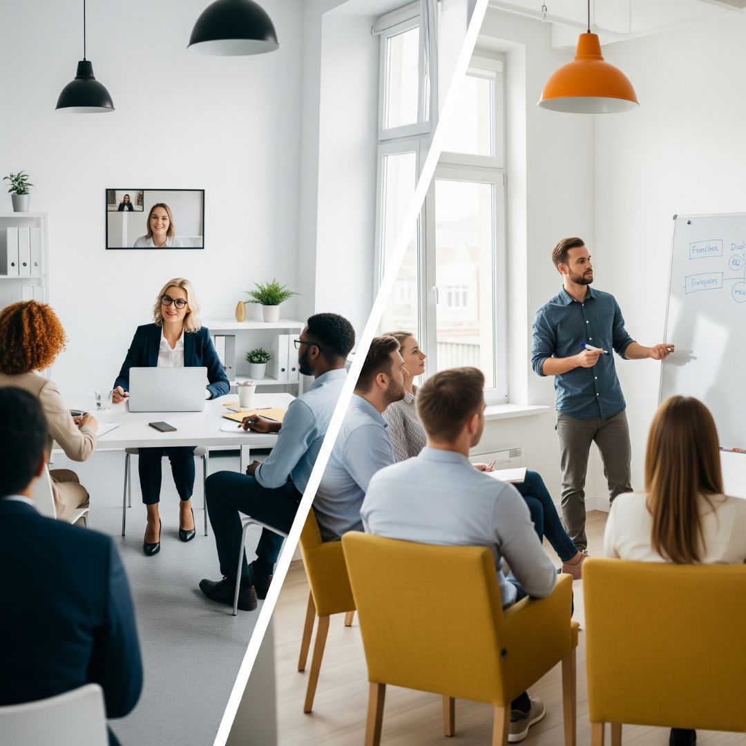 Split screen of differnet employee training methods.