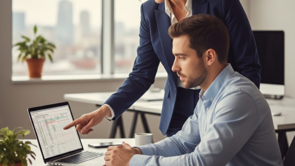 A boss mentoring a younger colleague
