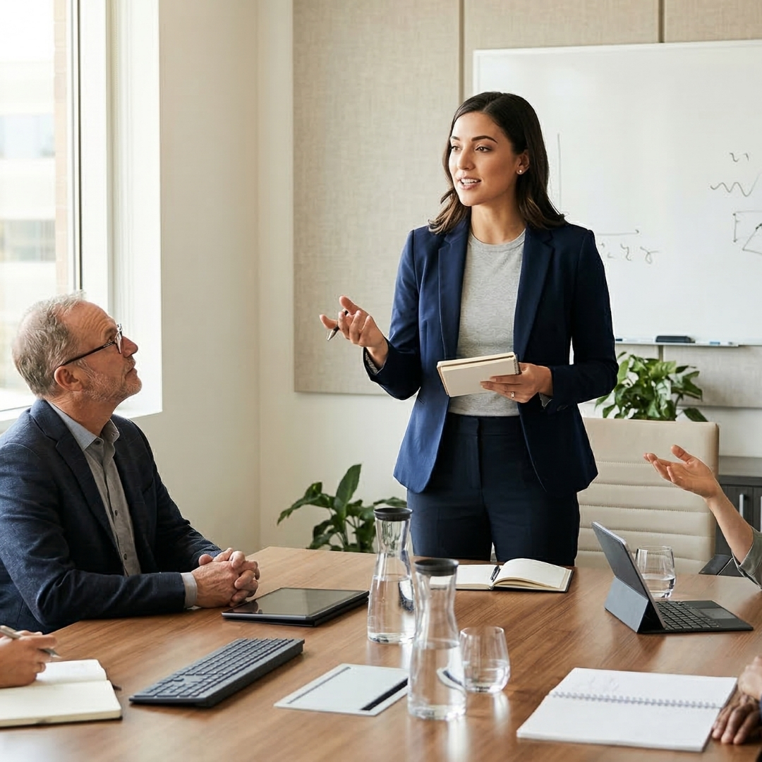 A diverse group of smiling professionals collaborating around a table in a modern, sunlit training room.