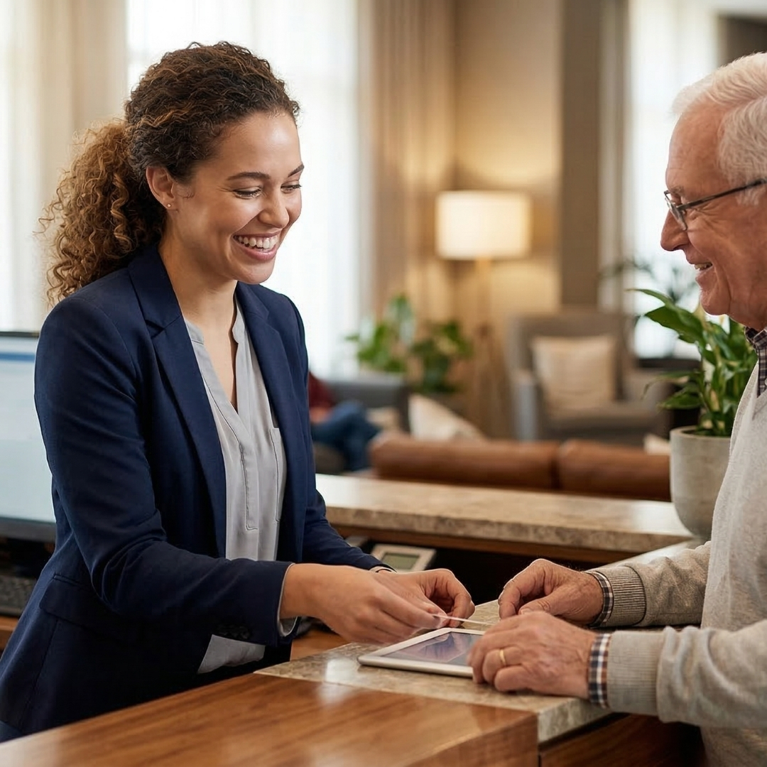 A smiling hospitality worker assists an older guest with care at a well-lit hotel counter.