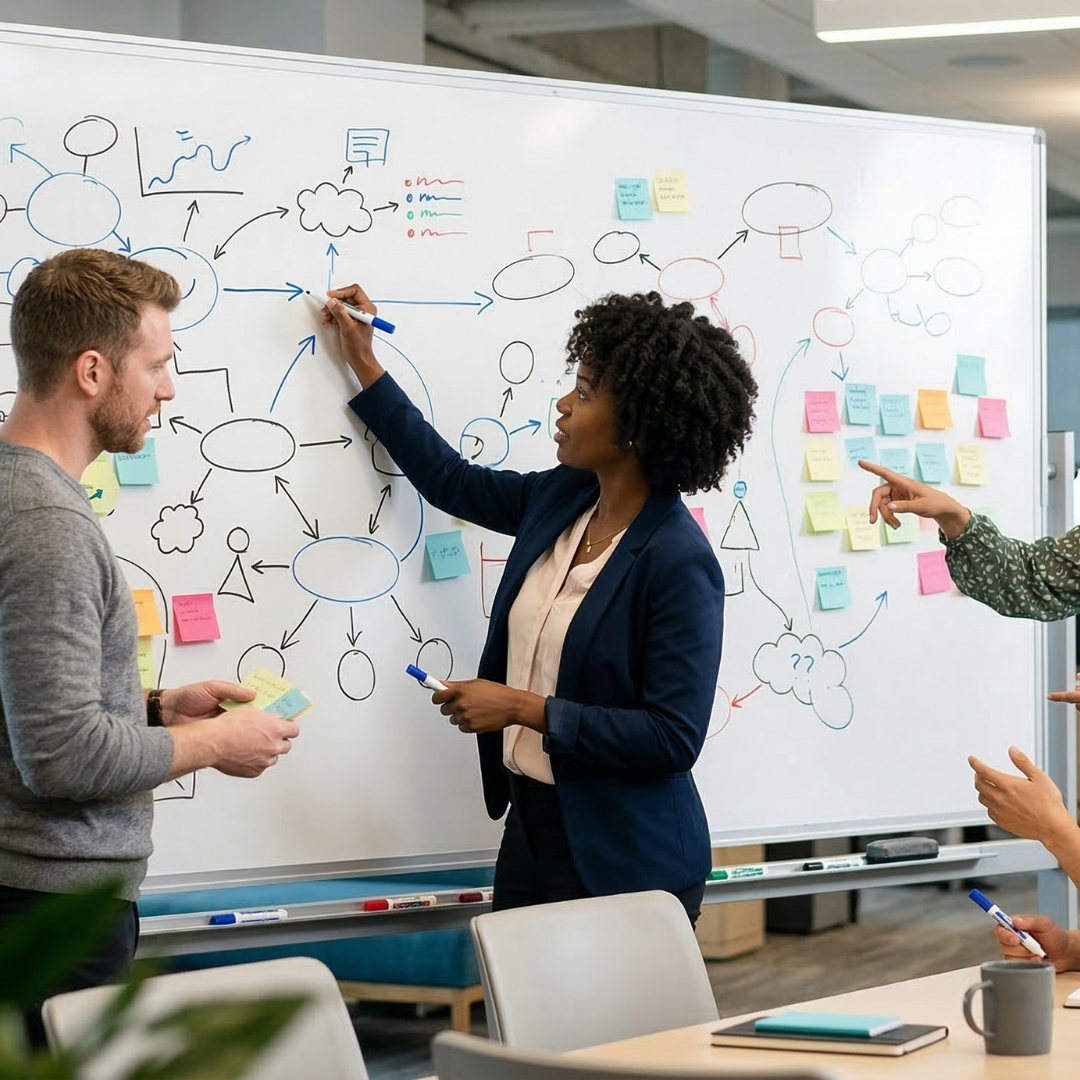 A diverse team of four professionals actively collaborates on a large brainstorming whiteboard in a brightly lit modern office.