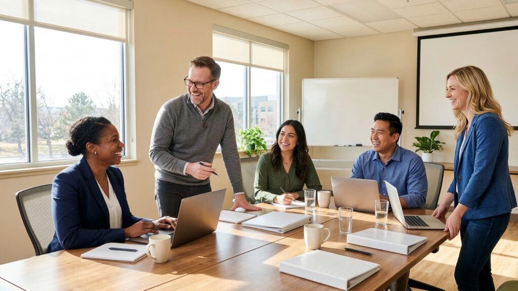 A diverse group of smiling professionals collaborating around a table in a modern, sunlit training room.