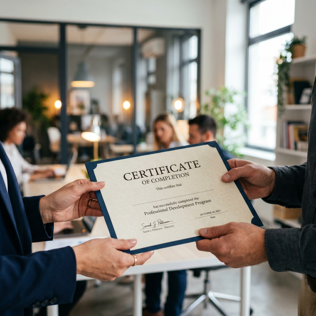 A close-up of a professional's hands holding a newly printed certificate of completion with a blurred background of a modern workspace.