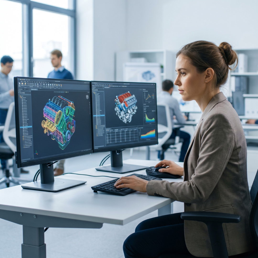 A focused professional analyzing dynamic 3D CAD models on a high-tech dual-monitor setup, representing agile technological advancement.