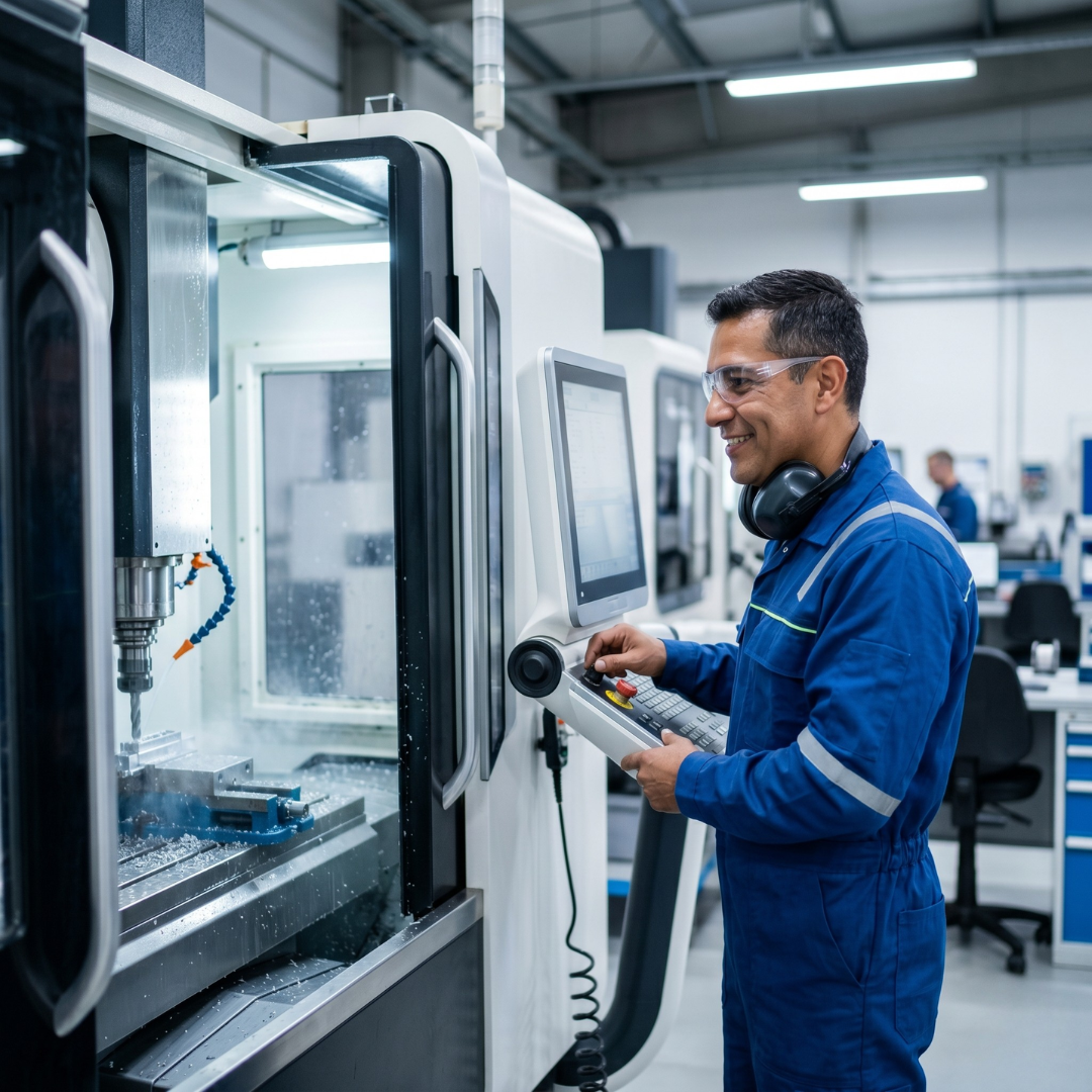 A satisfied manufacturing employee in safety gear confidently operating a modern CNC machine, indicating increased productivity.