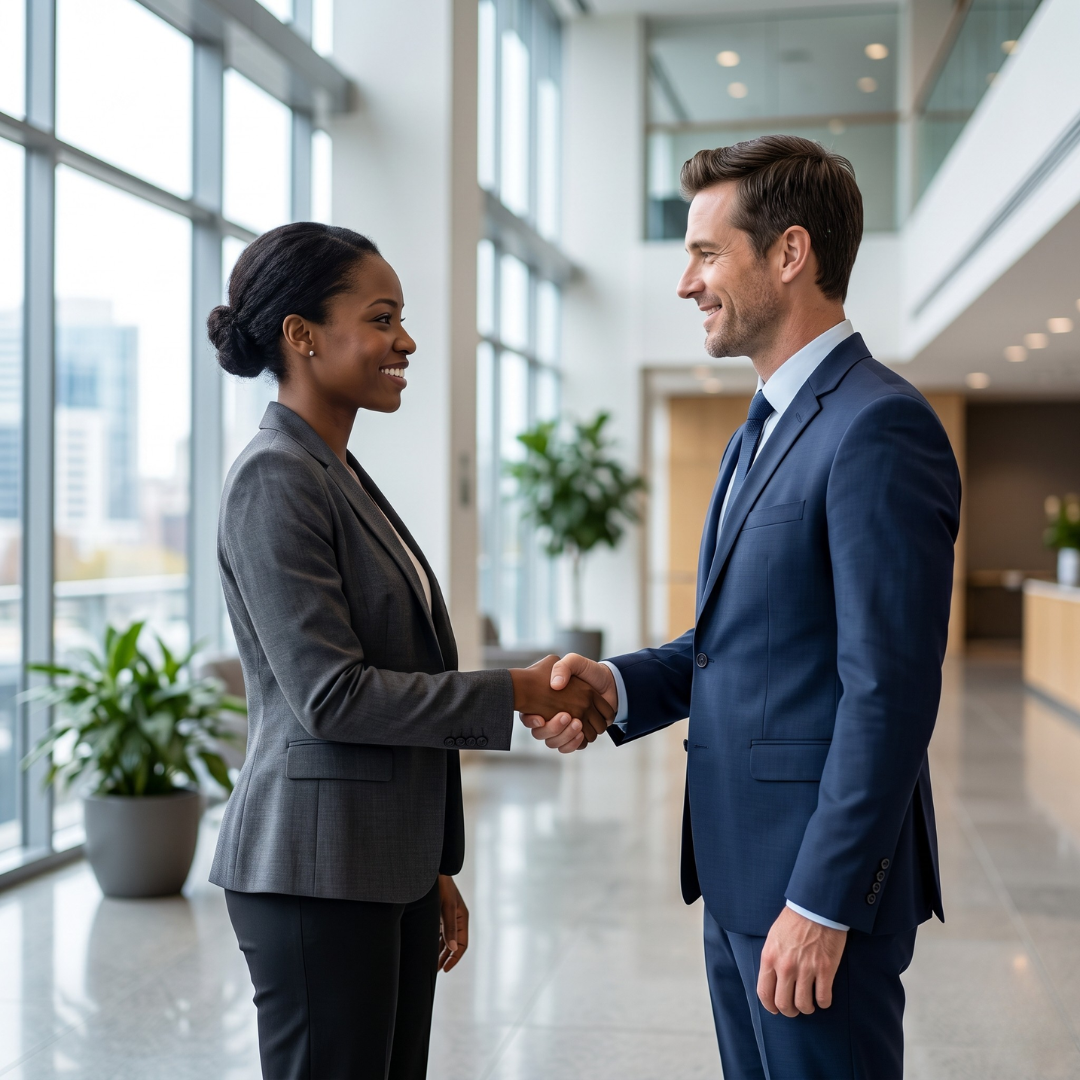 Two business professionals shaking hands in a bright, contemporary office, symbolizing a successful partnership and bridged skill gap.