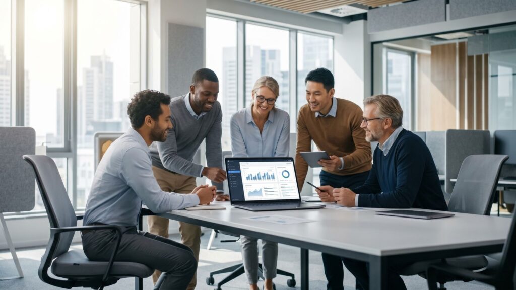 A professional modern office setting where a diverse team is collaborating around a sleek conference table, looking at a laptop showing data charts, bright and optimistic lighting.